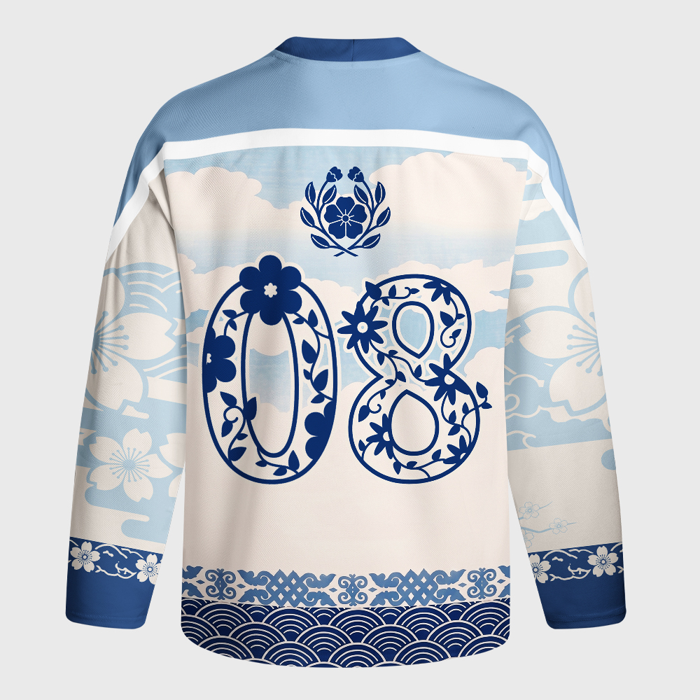 Tokyo-Tiger Japanese Sakura Floral Long-Sleeve Hockey Jersey
