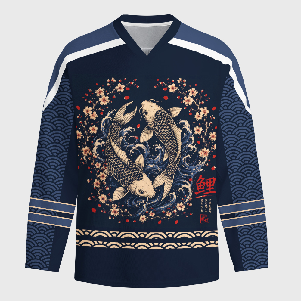 Tokyo-Tiger Japanese Twin Koi Wave Art Long-Sleeve Hockey Jersey