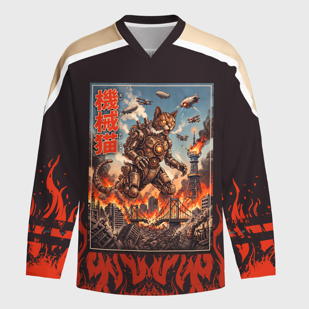 Tokyo-Tiger Retro Steampunk Mecha Cat Monster Long-Sleeve Hockey Jersey