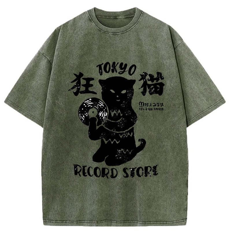 Tokyo-Tiger Tokyo Record Store Cat CD Washed T-Shirt