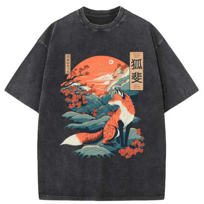Tokyo-Tiger Japanese Kitsune Fox Sakura Washed T-Shirt