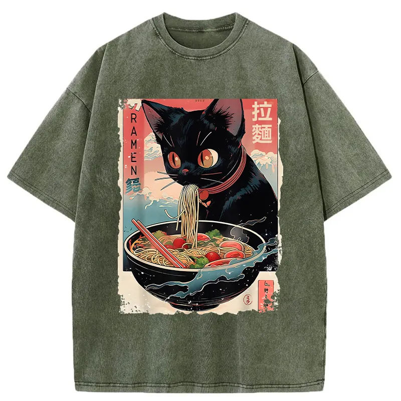 Tokyo-Tiger Black Cat Eating Ramen Japanese Washed T-Shirt