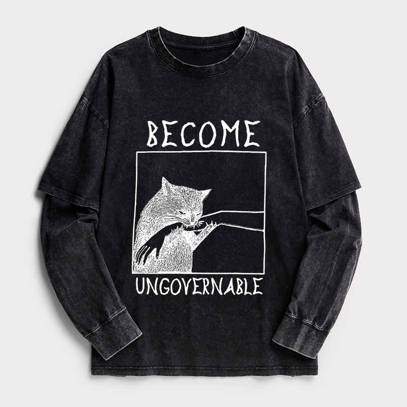 Tokyo-Tiger Tokyo-Tiger Cat Biting Arm Washed Double Layer T-Shirt