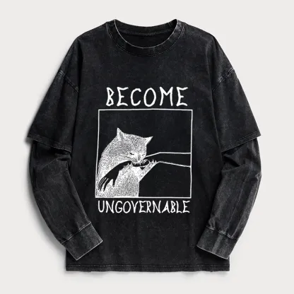 Tokyo-Tiger Tokyo-Tiger Cat Biting Arm Washed Double Layer T-Shirt