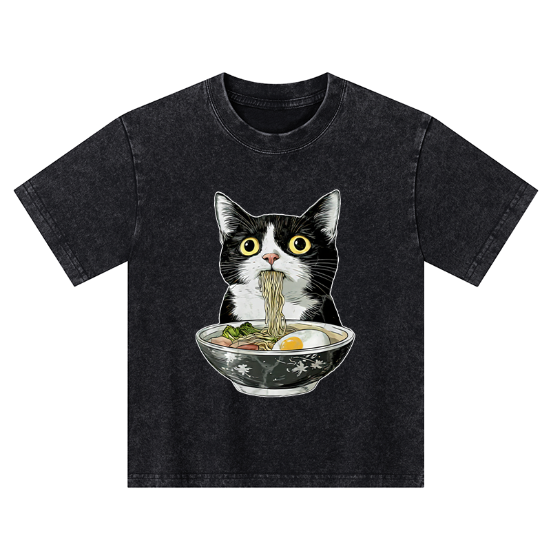 Tokyo-Tiger Cute Cat Eating Japan Ramen Kids Washed T-Shirt