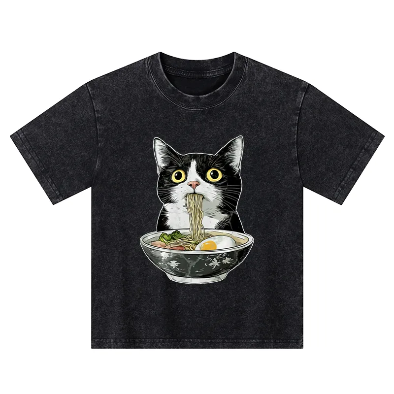 Tokyo-Tiger Cute Cat Eating Japan Ramen Kids Washed T-Shirt