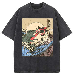 Image of Tokyo-Tiger Japanese Great Wave Cat VS Monster Washed T-Shirt