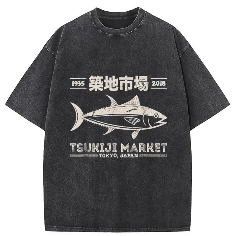 Tokyo-Tiger Retro Tsukiji Fish Market Streetwear Tokyo Washed T-Shirt