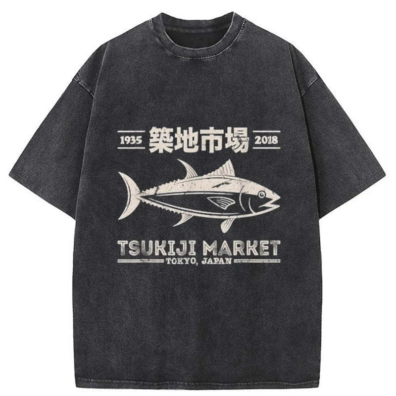 Tokyo-Tiger Retro Tsukiji Fish Market Streetwear Tokyo Washed T-Shirt Sale