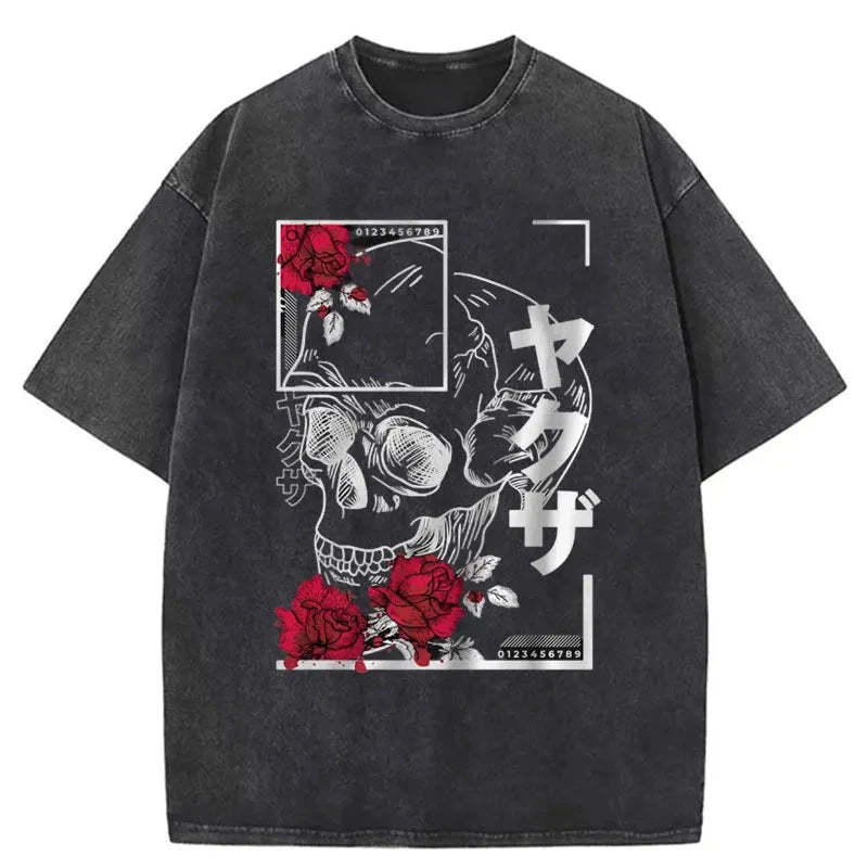 Tokyo-Tiger Skull Roses Japanese Washed T-Shirt Sale