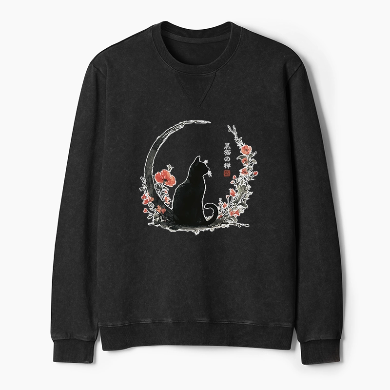 Tokyo-Tiger Black Cat And Flowers Washed Terry Sweatshirt
