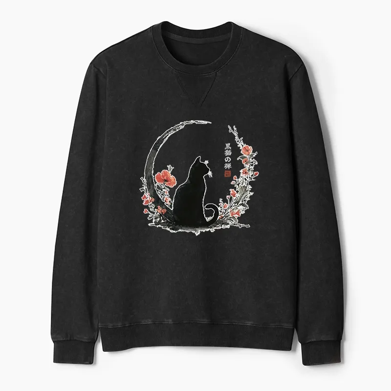 Tokyo-Tiger Black Cat And Flowers Washed Terry Sweatshirt