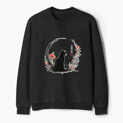 Tokyo-Tiger Black Cat And Flowers Washed Terry Sweatshirt