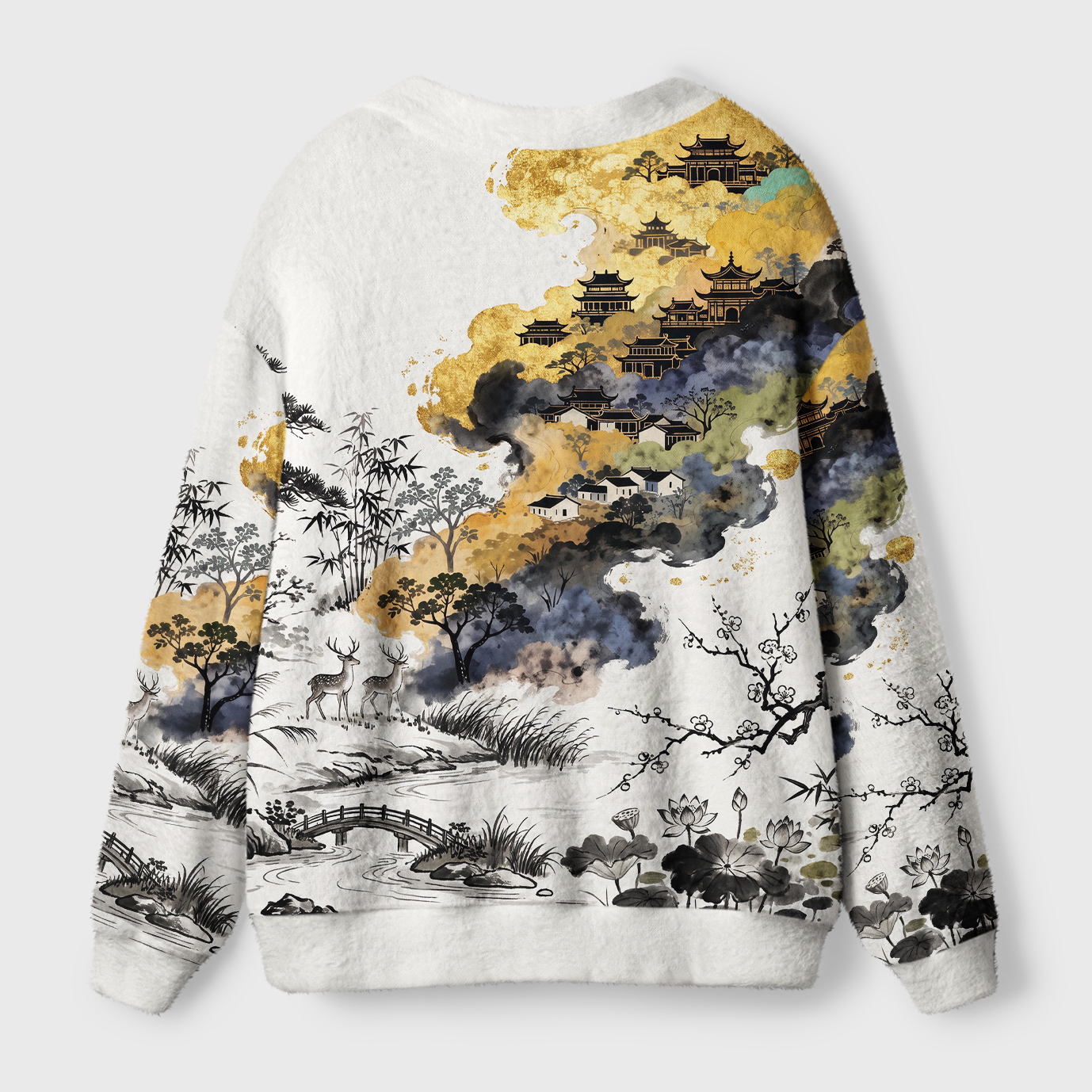 Tokyo-Tiger Gold Foil Mountain Deer Art Ugly Cardigan Sweater