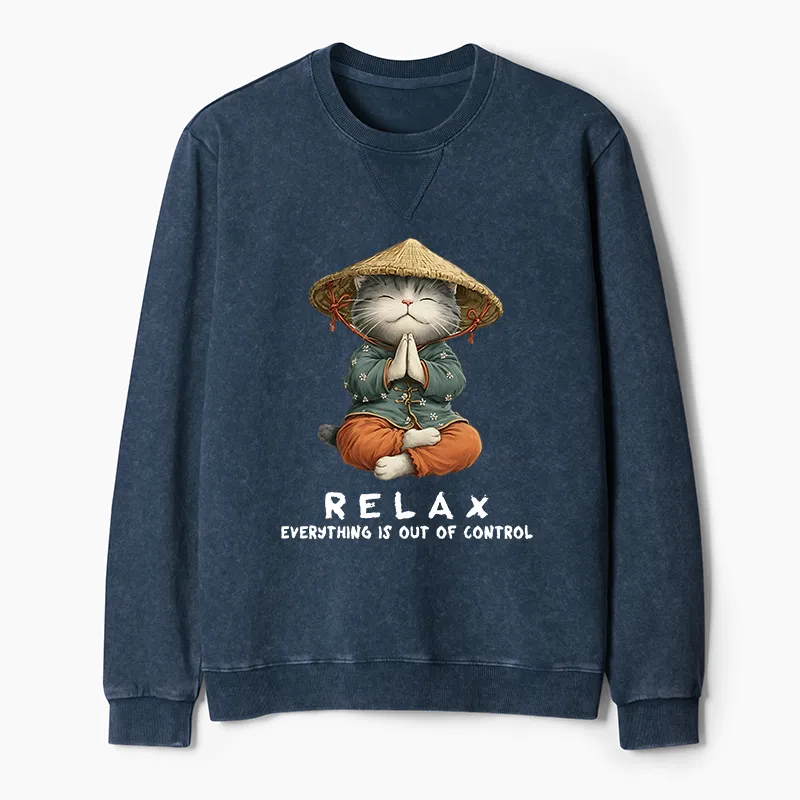 Tokyo-Tiger Zen Relax Cat Graphic Washed Terry Sweatshirt