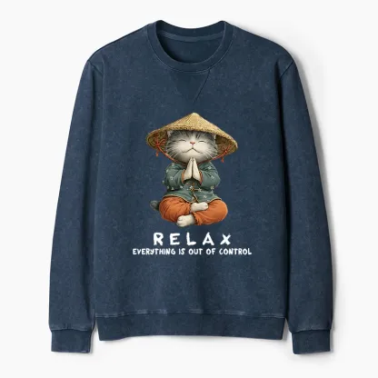 Tokyo-Tiger Zen Relax Cat Graphic Washed Terry Sweatshirt