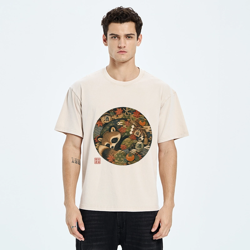 Tokyo-Tiger Sleepy Raccoon Enjoys Autumn Sake Break Washed T-Shirt