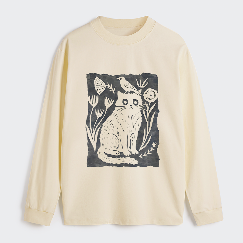 Tokyo-Tiger Folk Paper Cut Cat Bird Floral Art Classic Long Sleeve T-Shirt