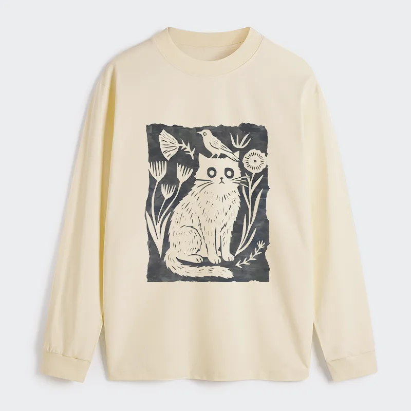 Tokyo-Tiger Folk Paper Cut Cat Bird Floral Art Classic Long Sleeve T-Shirt