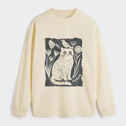 Tokyo-Tiger Folk Paper Cut Cat Bird Floral Art Classic Long Sleeve T-Shirt