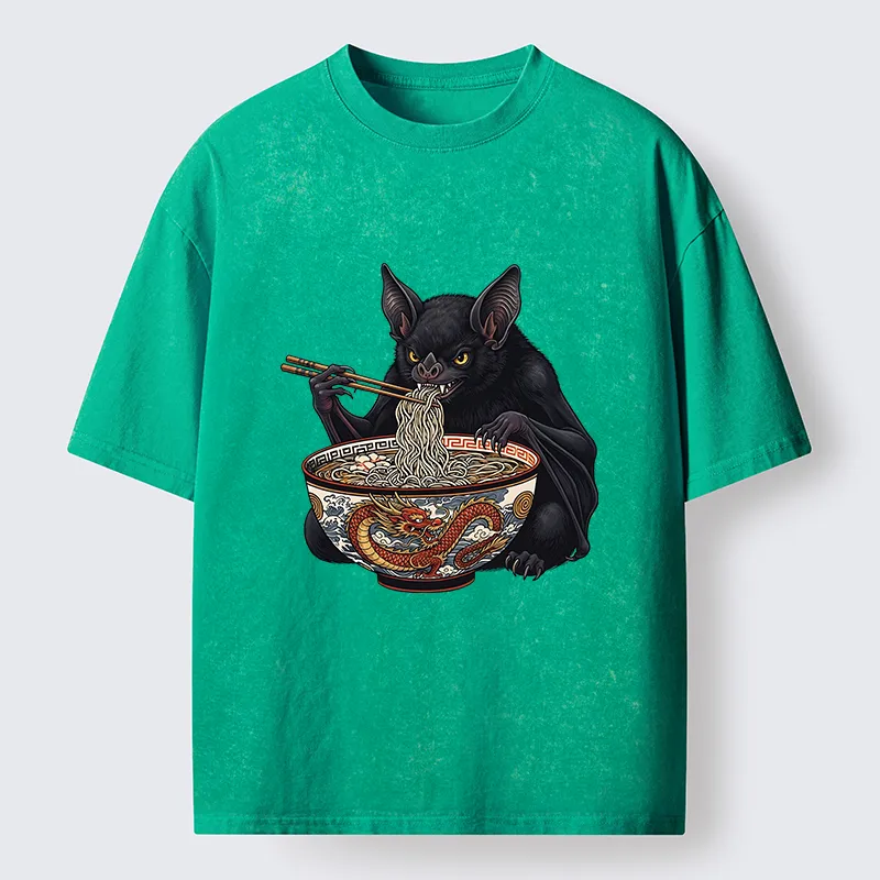 Tokyo-Tiger Bat Eating Ramen Washed T-Shirt