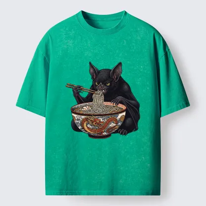Tokyo-Tiger Bat Eating Ramen Washed T-Shirt