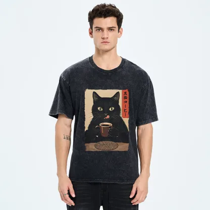Tokyo-Tiger Vintage Black Cat Coffee Art Washed T-Shirt