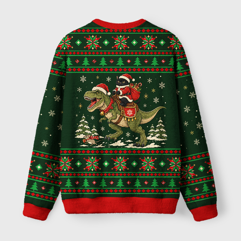 Tokyo-Tiger Black Cat Rides Dinosaur Fuzzy Christmas Ugly Sweatshirt