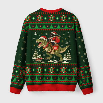 Tokyo-Tiger Black Cat Rides Dinosaur Fuzzy Christmas Ugly Sweatshirt