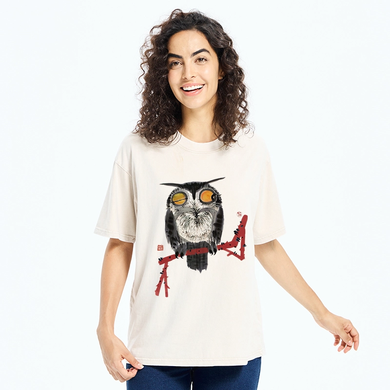 Tokyo-Tiger Ink Wash Owl On Red Branch Washed T-Shirt
