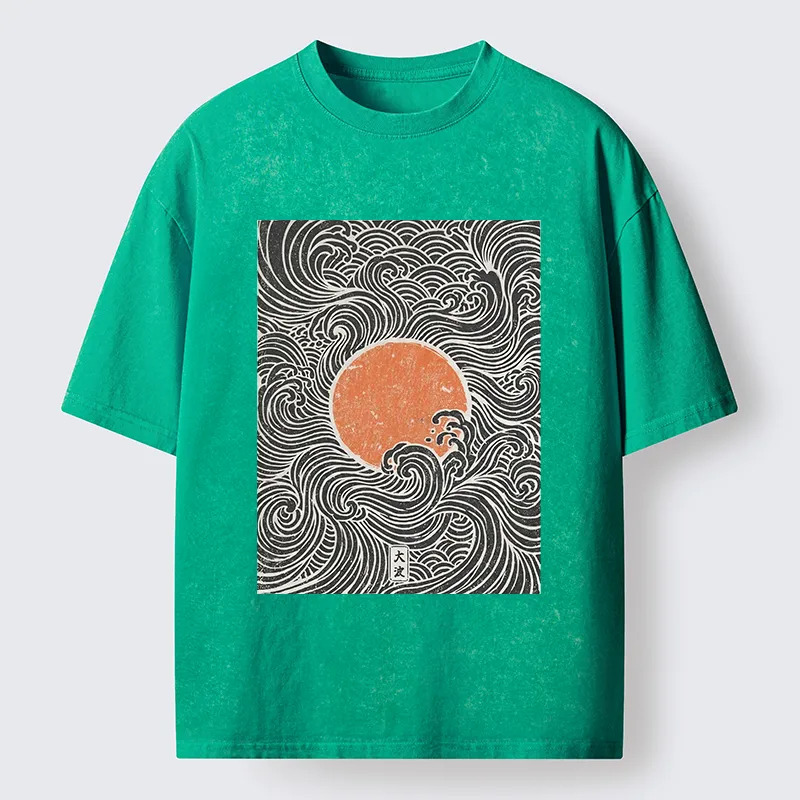 Tokyo-Tiger Ukiyo-e Sun And Waves Washed T-Shirt