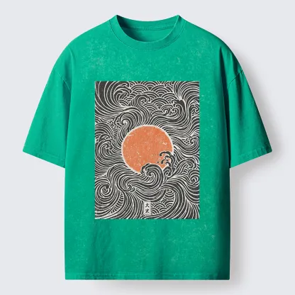 Tokyo-Tiger Ukiyo-e Sun And Waves Washed T-Shirt