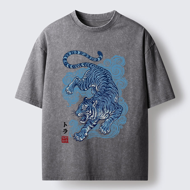 Tokyo-Tiger Japanese Blue Tiger Wave Art Washed T-Shirt