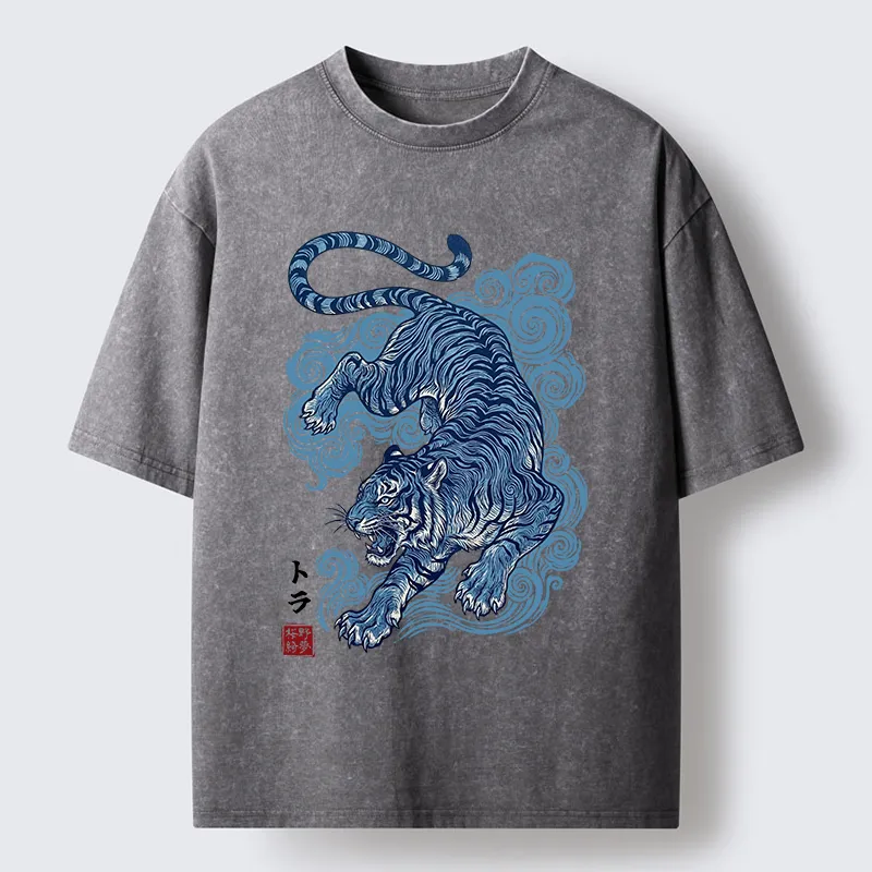 Tokyo-Tiger Japanese Blue Tiger Wave Art Washed T-Shirt