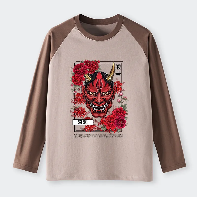 Tokyo-Tiger Cool Oni Floral Art Raglan Long Sleeve T-shirt