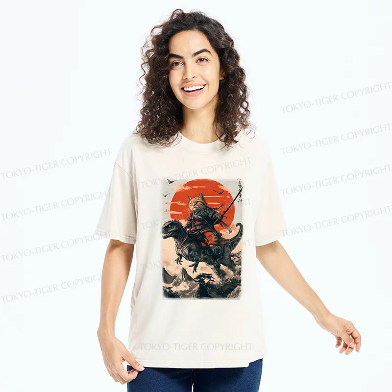 Tokyo-Tiger Brave Cat Samurai Washed T-Shirt