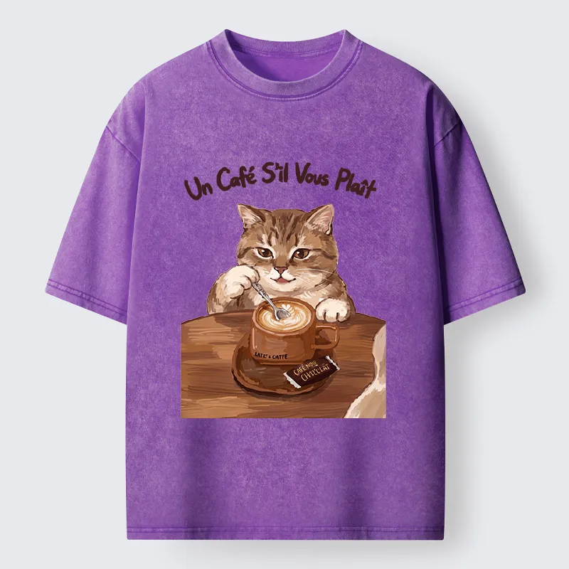 Tokyo-Tiger Cat Stirring Coffee Washed T-Shirt