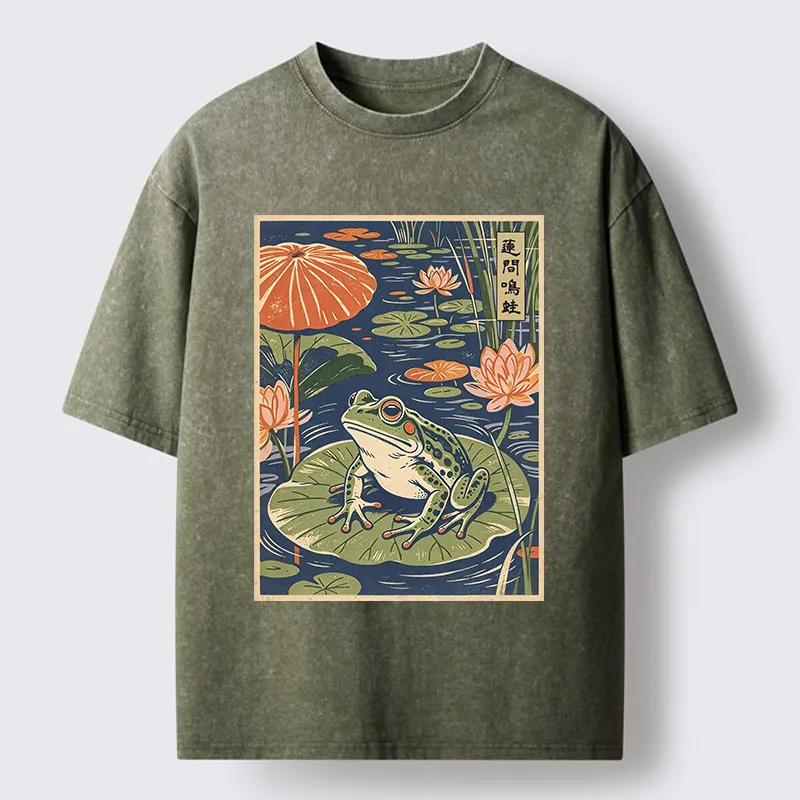 Tokyo-Tiger Frog In Lotus Pond Washed T-Shirt