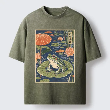 Tokyo-Tiger Frog In Lotus Pond Washed T-Shirt
