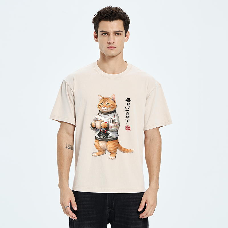 Tokyo‑Tiger Sweater Cat Coffee Washed T‑Shirt
