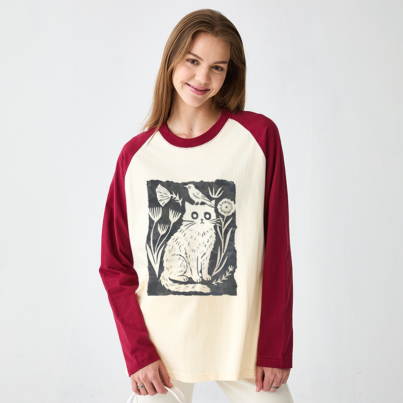 Tokyo-Tiger Folk Paper Cut Cat Bird Floral Art Raglan Long Sleeve T-shirt