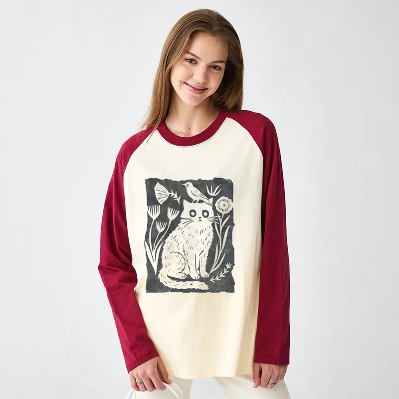 Tokyo-Tiger Folk Paper Cut Cat Bird Floral Art Raglan Long Sleeve T-shirt