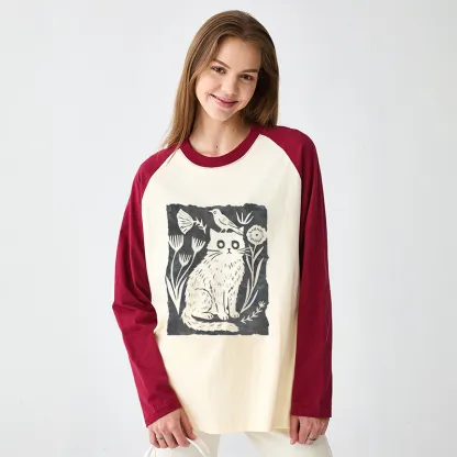 Tokyo-Tiger Folk Paper Cut Cat Bird Floral Art Raglan Long Sleeve T-shirt