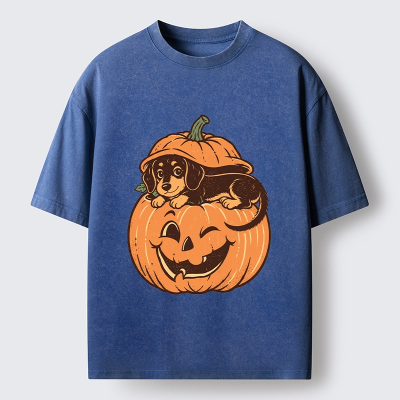Tokyo‑Tiger Retro Pumpkin Dog Washed T‑Shirt
