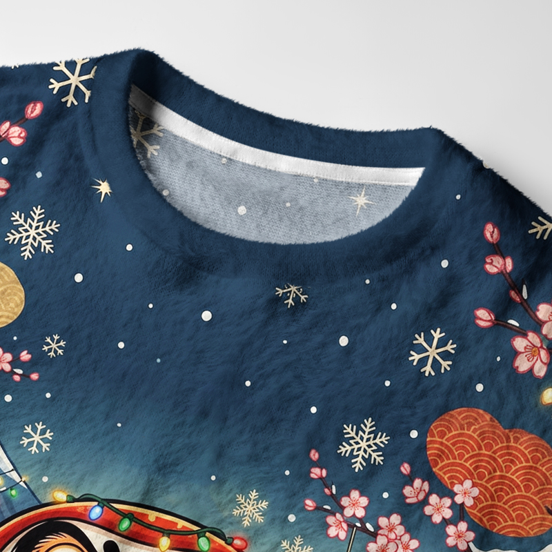 Tokyo-Tiger Japanese Daruma Lucky Cat Fuzzy Christmas Ugly Sweatshirt