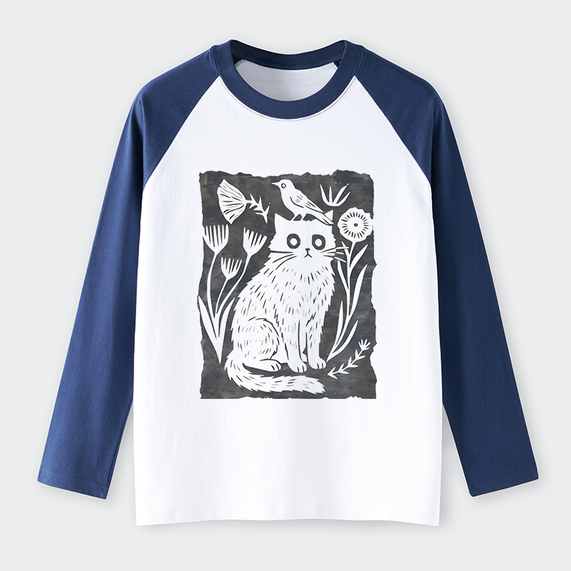 Tokyo-Tiger Folk Paper Cut Cat Bird Floral Art Raglan Long Sleeve T-shirt