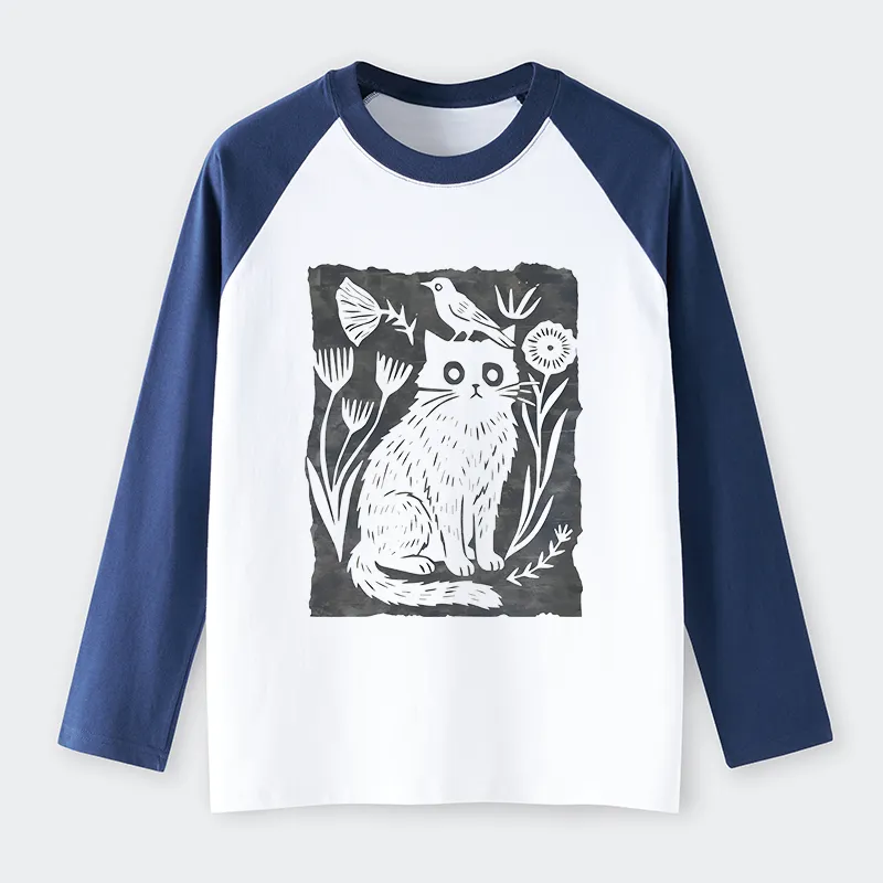 Tokyo-Tiger Folk Paper Cut Cat Bird Floral Art Raglan Long Sleeve T-shirt