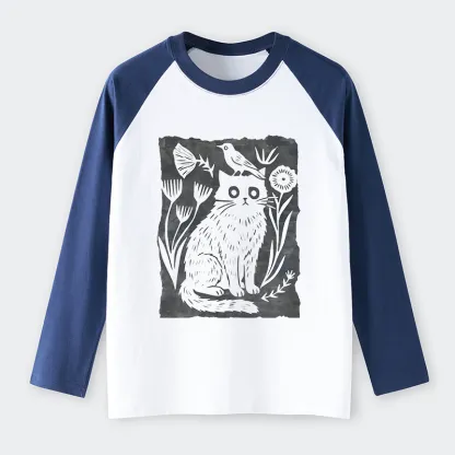 Tokyo-Tiger Folk Paper Cut Cat Bird Floral Art Raglan Long Sleeve T-shirt
