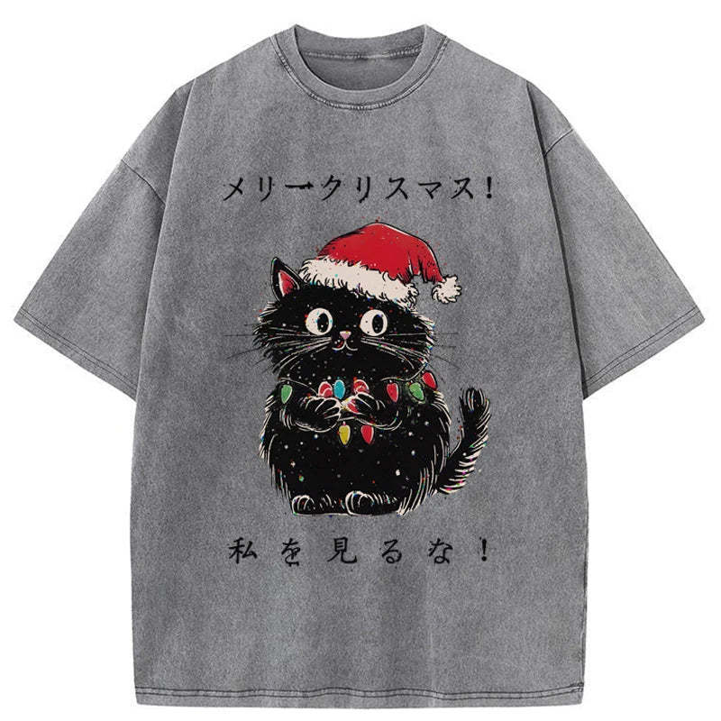 Tokyo-Tiger Black Cat Merry Fluffmas Washed T-Shirt