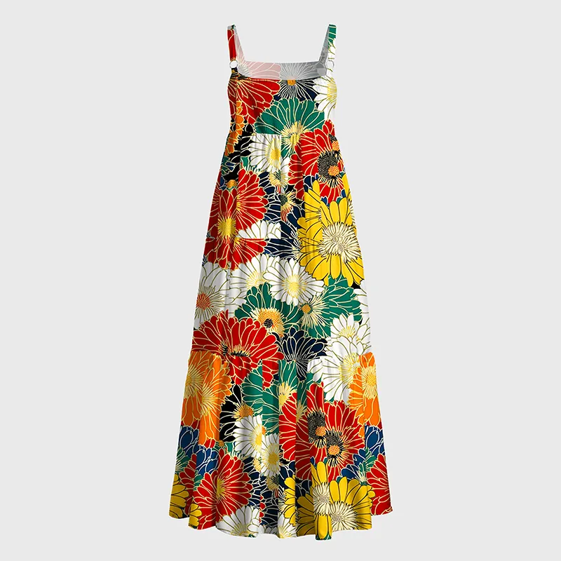 Tokyo-Tiger Colorful Chrysanthemums Maxi Dress